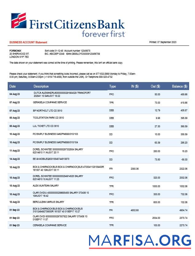 Downloadable First Citizens Bank business statement Word and PDF template